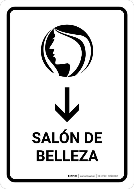 Beauty Salon With Down Arrow White Spanish Portrait - Wall Sign