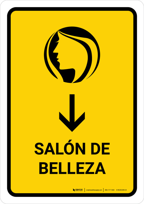 Beauty Salon With Down Arrow Yellow Spanish Portrait - Wall Sign