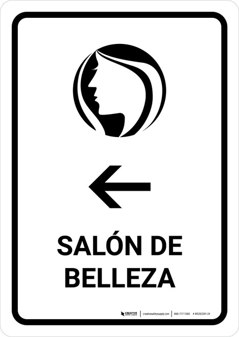 Beauty Salon With Left Arrow White Spanish Portrait - Wall Sign