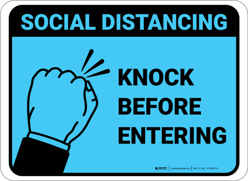 Social Distancing Knock Before Entering Blue Rectangular - Floor Sign