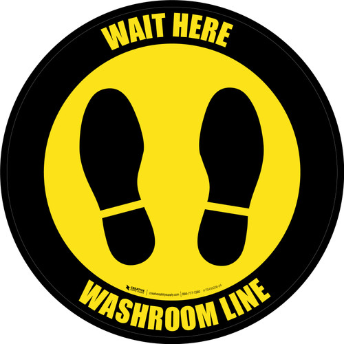 Yellow/Black Wait Here - Washroom Line Circular - Floor Sign