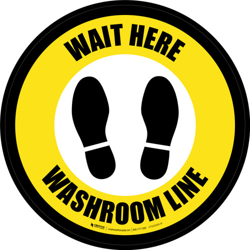 Yellow Wait Here: Washroom Line Circular - Floor Sign