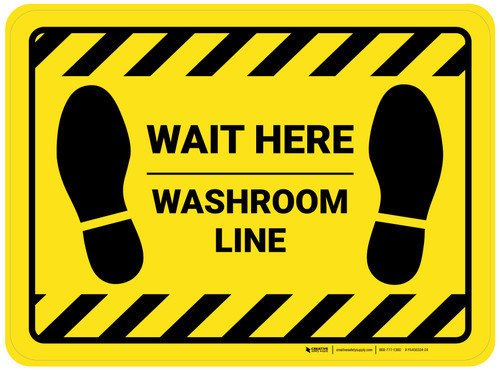 Wait Here: Washroom Line Yellow Hazard Rectangle - Floor Sign
