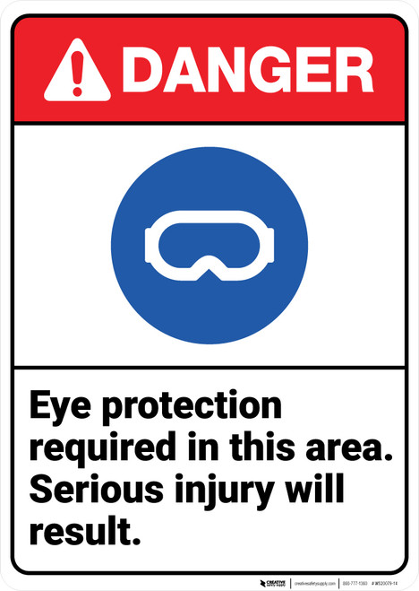 Danger: Eye Protection Required In Area Serious Injury ANSI - Wall Sign
