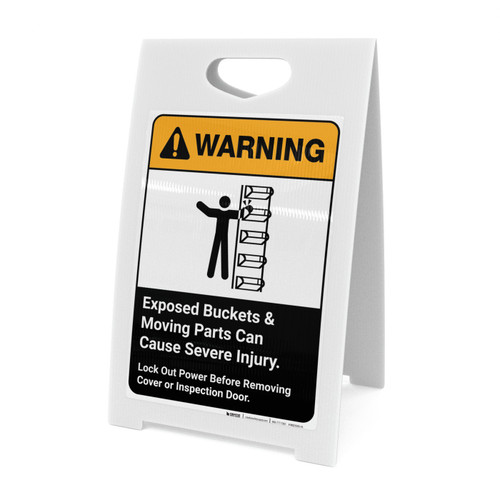 Warning: Exposed Buckets and Moving Parts Can Cause Severe Injury with Graphic Portrait ANSI - A-Frame Sign