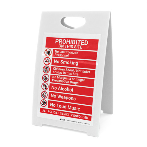 Prohibited On Site All Policies Strictly Enforced with Icons Portrait - A-Frame Sign