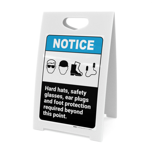 Notice: Hard Hats Safety Glasses Ear Plugs Foot Protection Required Icons Portrait ANSI - A-Frame Sign