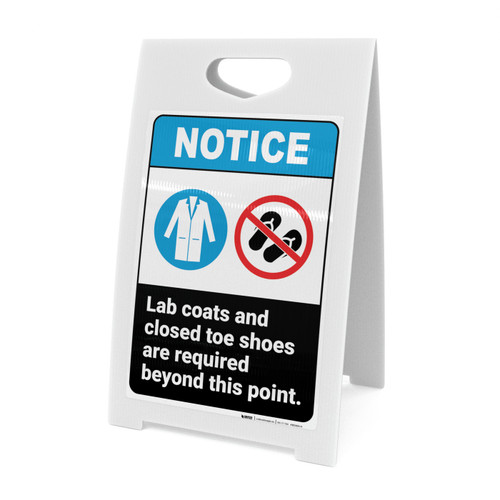 Notice: Lab Coats Closed Toe Shoes Required Lab Coat Icon Sandals Prohibited Icon Portrait ANSI - A-Frame Sign