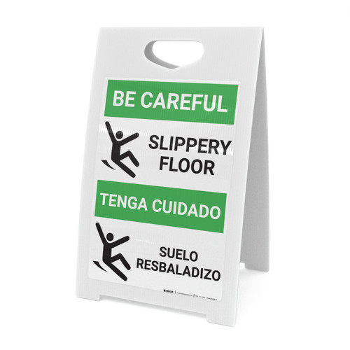 Be Careful Slippery Floor Bilingual Spanish with Icon Portrait - A-Frame Sign