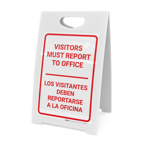 Visitors Must Report To Office Bilingual Spanish Portrait - A-Frame Sign