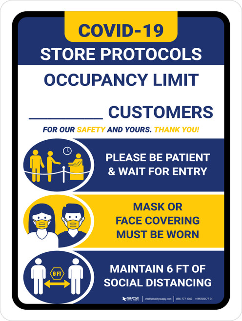 Covid-19 Store Occupancy Customers Blue Portrait - Wall Sign