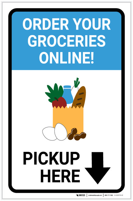 Order Groceries Online Pickup Here Down with Icon Portrait - Label
