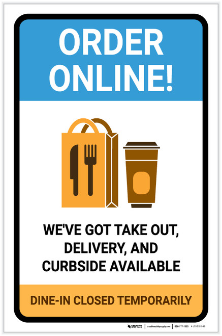 Order Online Takeout Delivery and Curbside Available with Icon Portrait - Label
