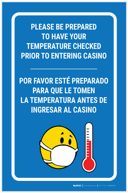 Temperature Check Prior to Entering Casino Bilingual Spanish Portrait with Emoji - Label