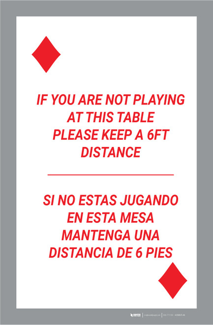 If You Are Not Playing at Table - Please Keep 6ft Distance Bilingual Spanish Portrait Diamond Playing Card - Label