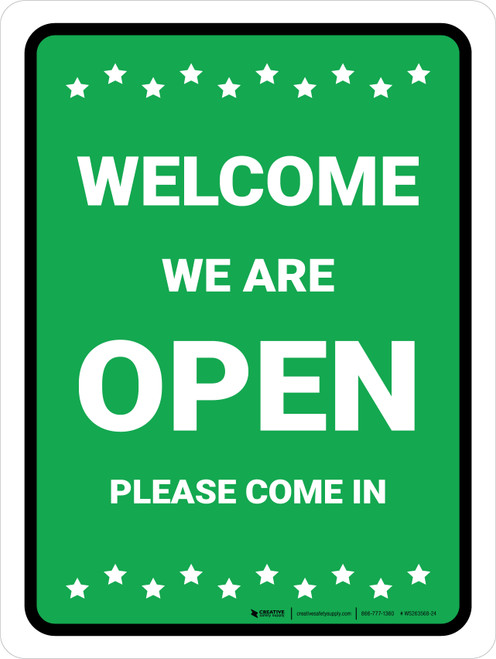 Welcome We Are Open - Please Come In with Icons Green Portrait - Wall Sign
