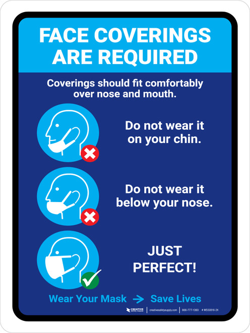 Face Coverings Are Required: Wear Your Mask - Save Lives Portrait - Wall Sign