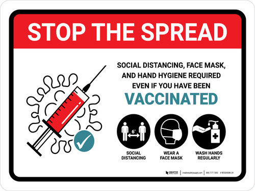 Stop The Spread: Social Distancing and Hand Hygiene Even If You Have Been Vaccinated Landscape - Wall Sign