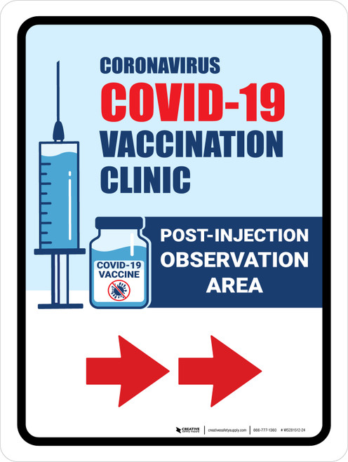 Covid-19 Vaccine Clinic: Post Injection Observation Area Right Arrow Portrait - Wall Sign