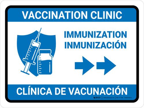 Vaccination Clinic Immunization Right Arrow Bilingual Spanish Blue Landscape - Wall Sign