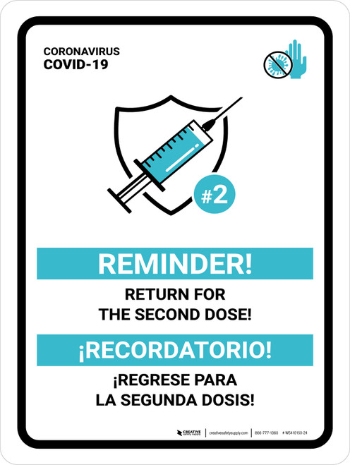 Reminder - Return For The Second Dose Bilingual Spanish Portrait - Wall Sign