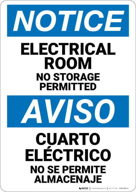 Notice: Electrical Room No Storage Permitted Bilingual Spanish - Wall Sign