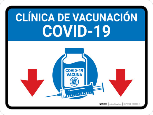 Covid-19 Vaccination Clinic Down Arrow Blue Spanish Landscape - Wall Sign