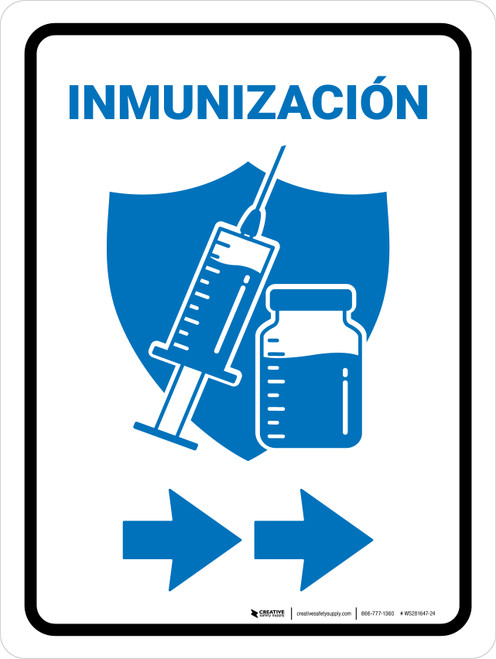 Immunization With Vaccine Injection Icon Right Arrow Spanish Blue Portrait - Wall Sign