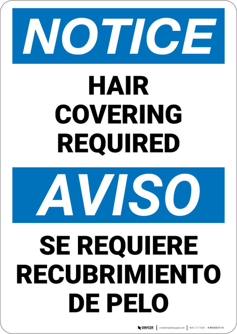 Notice: Hair Covering Required Bilingual Spanish - Wall Sign