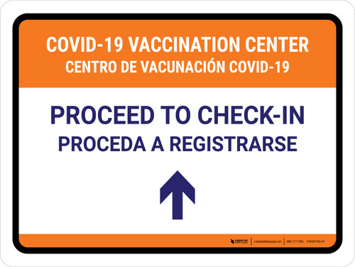 Covid-19 Vaccination Center: Proceed To Check In Up Arrow Bilingual Landscape - Wall Sign