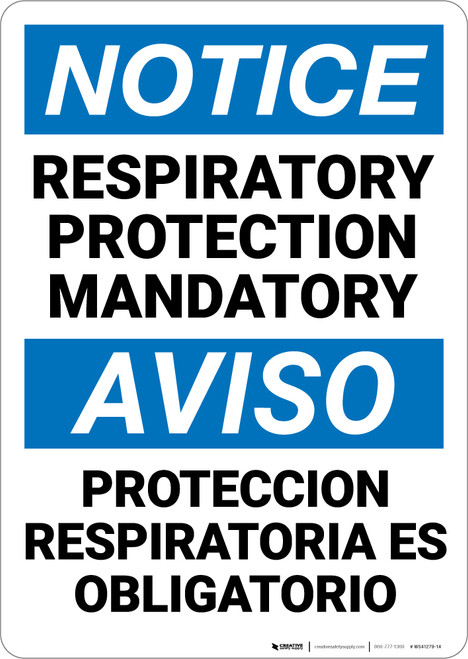 Notice: Respiratory Protection Mandatory Bilingual Spanish - Wall Sign