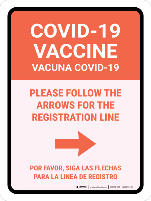 Covid-19 Vaccine: Please Follow The Arrows For The Registration Line Right Arrow Bilingual Spanish Portrait - Wall Sign