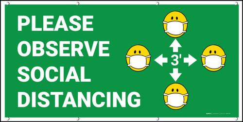 Please Observe Social Distancing 3ft with Facemask Emojis Green - Banner