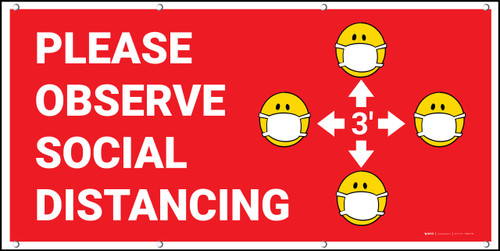 Please Observe Social Distancing 3ft with Facemask Emojis Red - Banner