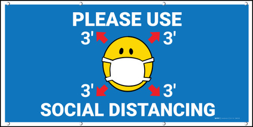 Please Use 3ft Social Distancing with Facemask Emoji Blue - Banner