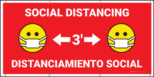 Social Distancing 3ft Bilingual Spanish Red with Facemask Emojis - Banner