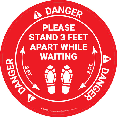 Danger: Please Stand 3 Feet Apart While Waiting Shoe Prints OSHA - Circular - Floor Sign