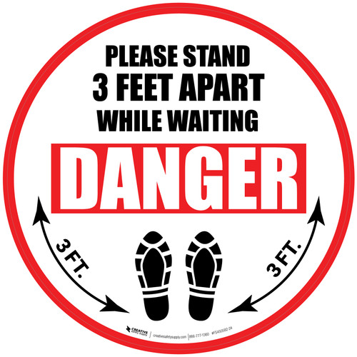 Please Stand 3 Feet Apart While Waiting Danger Shoe Prints - Circular - Floor Sign