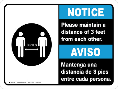 Notice: Please Maintain A Distance Of 3 Feet Bilingual with Icon ANSI Landscape - Wall Sign