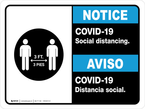 Notice: COVID-19 Social Distancing Bilingual with 3ft Icon ANSI Landscape - Wall Sign