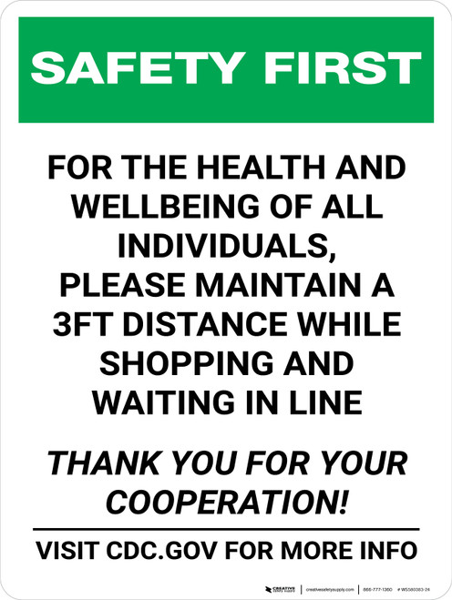 Safety First: Please Maintain a 3ft Distance While Shopping Portrait - Wall Sign