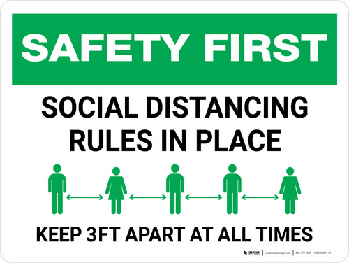 Safety First: Social Distancing Rules In Place 3ft Landscape - Wall Sign