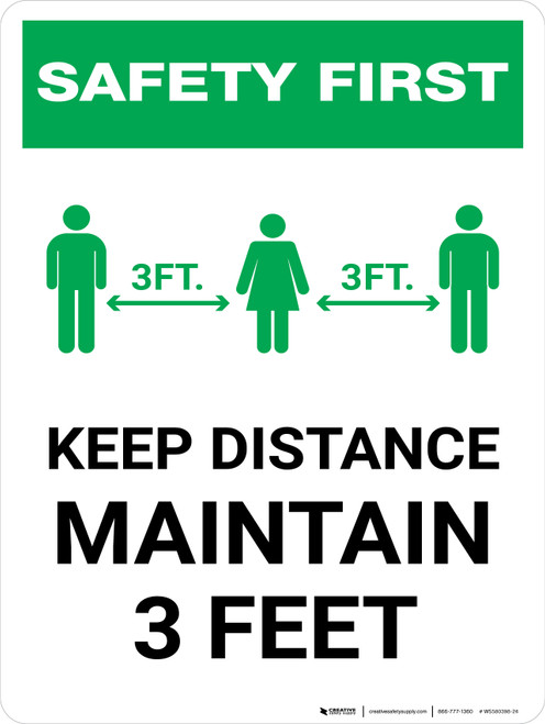 Safety First: Keep Distance Maintain 3ft with Icon Portrait - Wall Sign