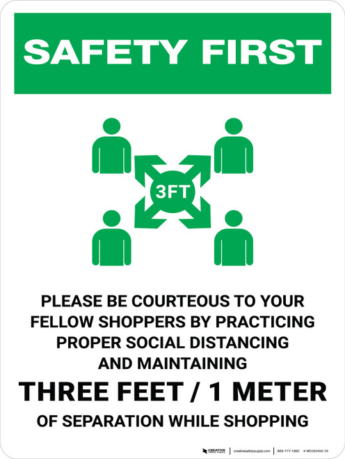 Safety First: Please Be Courteous Social Distancing with 3ft Icon Portrait - Wall Sign