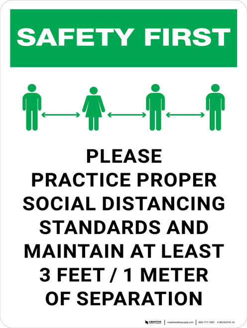 Safety First: Please Practice Proper Social Distancing Standards 3ft with Icon Portrait - Wall Sign