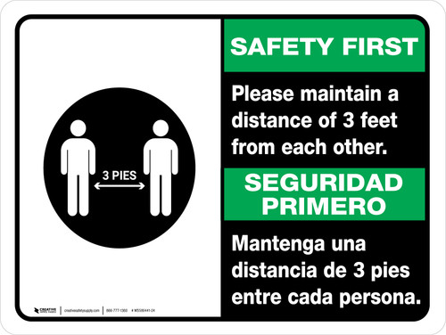 Safety First: Please Maintain A Distance Of 3 Feet Bilingual Spanish with Icon Landscape - Wall Sign