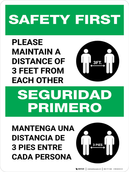 Safety First: Please Maintain A Distance Of 3 Feet Bilingual Spanish with Icon Portrait - Wall Sign