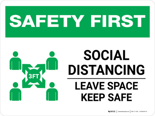 Safety First: Social Distancing Leave Space Keep Safe with 3ft Icon Landscape - Wall Sign