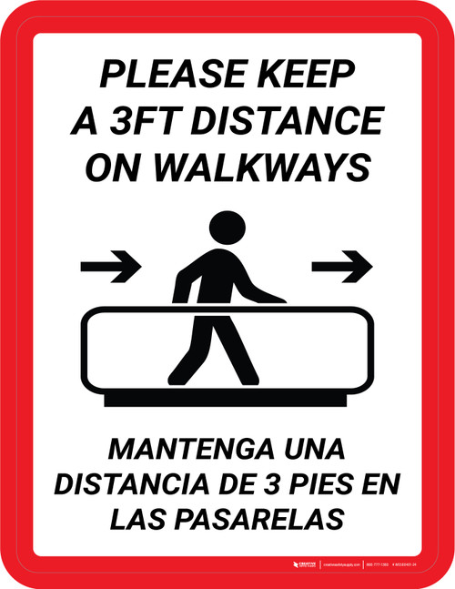 Please Keep a 3ft Distance on Walkways Bilingual Spanish Portrait - Wall Sign