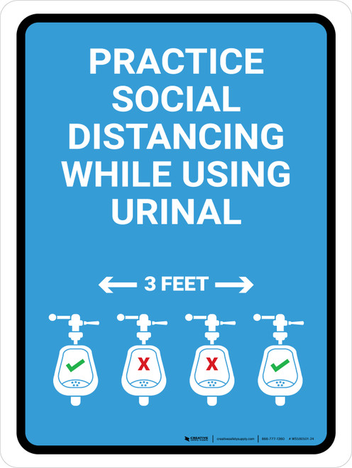 Practice Social Distancing While Using Urinal 3 Ft with Icon Blue Portrait - Wall Sign